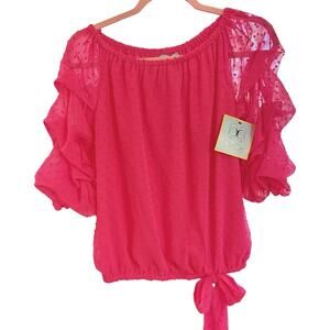 NWT CeCe Hot Pink Off Shoulder/Boat Neck Ruffle 3/4 Sleeve Blouse Lined Sz Sm